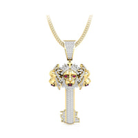 Round CZ Stone Three Lion Face Head Key Pendant
