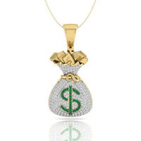 Round Cut Green & White CZ Stone Money Bag Dollar Sign Pendant