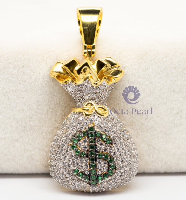 Round Cut Green & White CZ Stone Money Bag Dollar Sign Charm Pendant For Men & Women