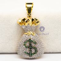 Round Cut Green & White CZ Stone Money Bag Dollar Sign Charm Pendant For Men & Women