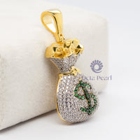 Round Cut Green & White CZ Stone Money Bag Dollar Sign Charm Pendant For Men & Women