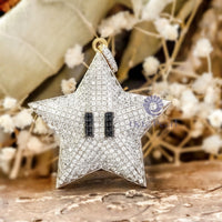 Black & White Round Cut CZ Stone Puff Dome Mini Mario Star Charm Pendant For Unisex