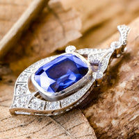 Blue Sapphire Cushion Cut CZ Stone Milgrain Vintage Edwardian Style Pendant For Women