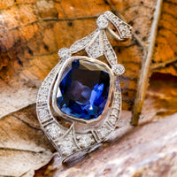 Blue Sapphire Cushion Cut CZ Stone Milgrain Vintage Edwardian Style Pendant For Women