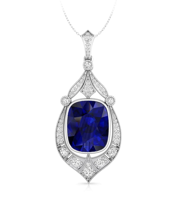 Blue Sapphire Cushion Cut CZ Stone Milgrain Vintage Edwardian Style Pendant For Women