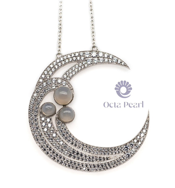 Fancy 3 Half Cabochon With CZ Round Stone Pave Set Beautiful Half Moon Chain Pendant Necklace For Women