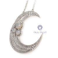 Fancy 3 Half Cabochon With CZ Round Stone Pave Set Beautiful Half Moon Chain Pendant Necklace For Women