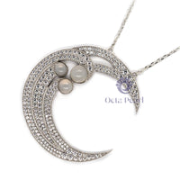 Fancy 3 Half Cabochon With CZ Round Stone Pave Set Beautiful Half Moon Chain Pendant Necklace For Women