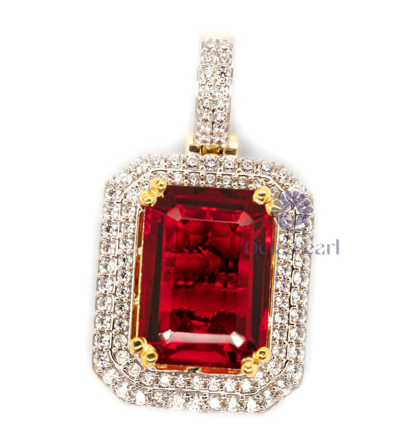 Red Emerald Cut CZ Stone Double Frame Party Wear Pendant For Women