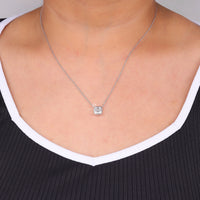 Necklace with a pendant worn by a person, focusing on the jewelry against a neutral background, Colorless Asscher Cut Moissanite Bezel Set Solitaire Necklace, Asscher Cut Moissanite Pendant, Minimalist Solitaire Moissanite Necklace