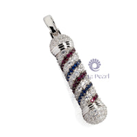 Unique Sapphire & Round Cut CZ Stone Micro Pave Set Barber Pole 925 Sterling Silver Pendant