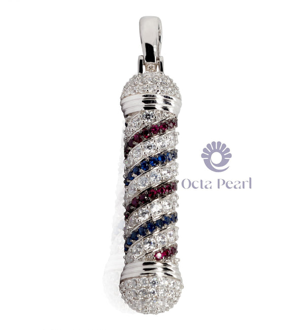 Unique Sapphire & Round Cut CZ Stone Micro Pave Set Barber Pole 925 Sterling Silver Pendant