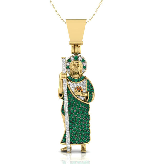 Round Cut Green & White CZ Stone St. Jude San Judas Tadeo Pendant In Yellow Gold (1 4/5 TCW)