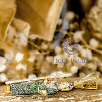 Round Cut Green & White CZ Stone St. Jude San Judas Tadeo Pendant In Yellow Gold