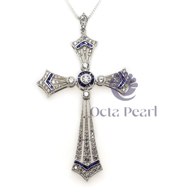 Round & Blue Sapphire Baguette Cut CZ Stone Vintage Style Christian Cross Religious Pendant