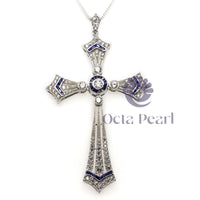 Round & Blue Sapphire Baguette Cut CZ Stone Vintage Style Christian Cross Religious Pendant