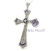 Round & Blue Sapphire Baguette Cut CZ Stone Vintage Style Christian Cross Religious Pendant