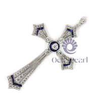 Round & Blue Sapphire Baguette Cut CZ Stone Vintage Style Christian Cross Religious Pendant