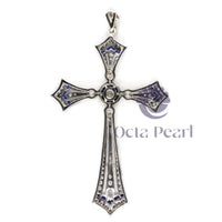 Round & Blue Sapphire Baguette Cut CZ Stone Vintage Style Christian Cross Religious Pendant