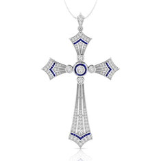 Round & Blue Sapphire Baguette Cut CZ Stone Vintage Style Christian Cross Religious Pendant