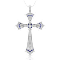 Round & Blue Sapphire Baguette Cut CZ Stone Vintage Style Christian Cross Religious Pendant