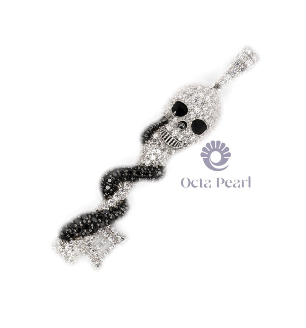 Skeleton Key With Pink Marquise Eye Set Wrapped Snake White & Black CZ Stone Hip-Hop Pendant In 925 Sterling Silver