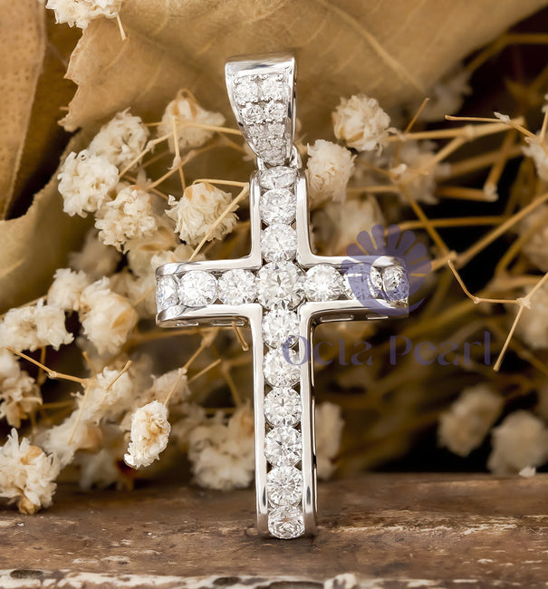 Round Cut Moissanite Tension Setting Christian Cross Pendant For Men & Women