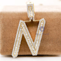 Baguette Or Round Cut CZ Stone Alphabet Initial ‘N’ Letter Charm Pendant For Unisex