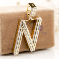 Baguette Or Round Cut CZ Stone Alphabet Initial ‘N’ Letter Charm Pendant For Unisex