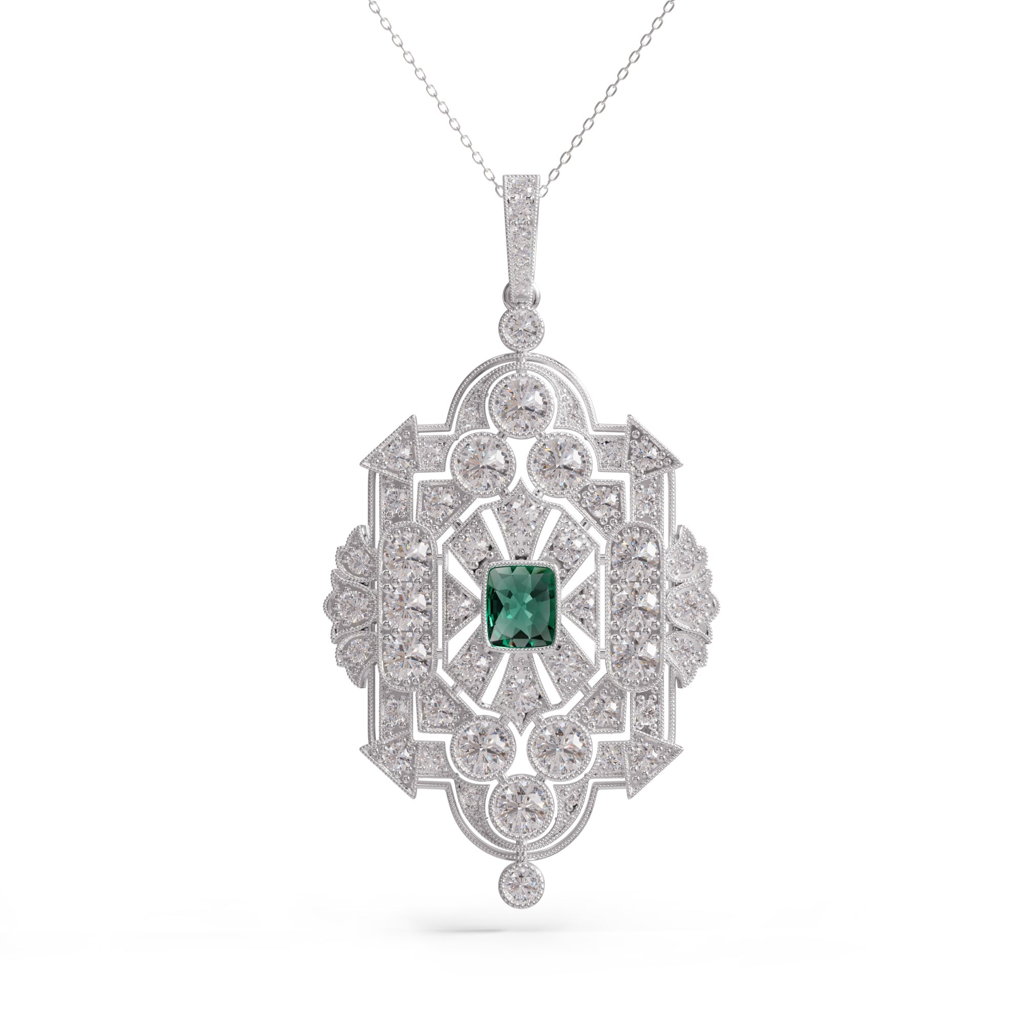 Green Cushion & Round Cut CZ Stone Milgrain Vintage Inspire Pendant