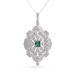 Silver pendant with a green gemstone on a white background , Green Cushion & Round Cut CZ Stone Milgrain Vintage Inspire Pendant