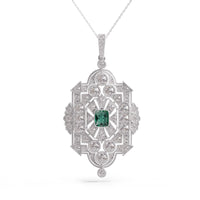 Silver pendant with a green gemstone on a white background , Green Cushion & Round Cut CZ Stone Milgrain Vintage Inspire Pendant