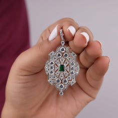 Green Cushion & Round Cut CZ Stone Milgrain Vintage Inspire Pendant - alternate view