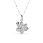 Silver paw print pendant necklace on a white background , Round Moissanite Minimalist Paw Print Pendant With Chain