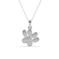 Silver paw print pendant necklace on a white background , Round Moissanite Minimalist Paw Print Pendant With Chain