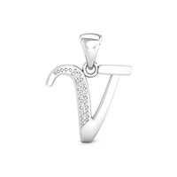 Silver pendant shaped like the letter 'V' with embedded stones,  alphabet necklace for daily wear, letter charm jewelry