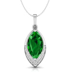 Green gemstone pendant with silver frame on a white background