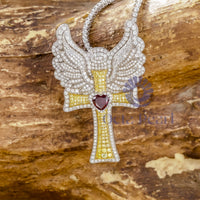 Red Heart & Round CZ Stone Angle Wings Cross Pendant With Brooch In 925 Silver