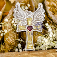 Red Heart & Round CZ Stone Angle Wings Cross Pendant With Brooch In 925 Silver