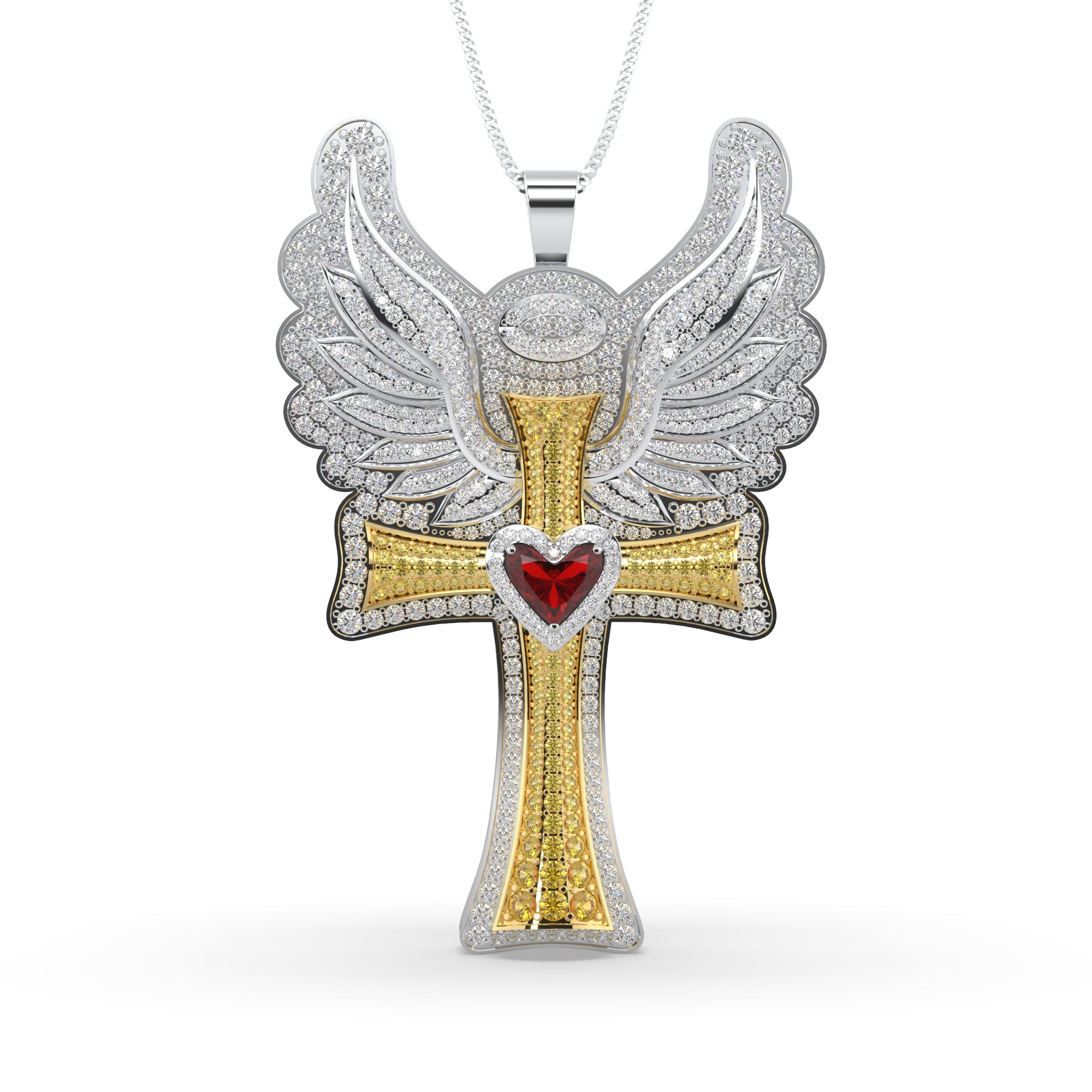 Red Heart & Round CZ Stone Angle Wings Cross Pendant With Brooch In 925 Silver