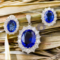 Royal Blue Sapphire Cushion Cut CZ Stone Halo Studded Pendant Set For Women