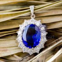 Royal Blue Sapphire Cushion Cut CZ Stone Halo Studded Pendant Set For Women