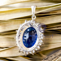 Royal Blue Sapphire Cushion Cut CZ Stone Halo Studded Pendant Set For Women