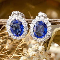 Royal Blue Sapphire Cushion Cut CZ Stone Halo Studded Pendant Set For Women