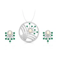 Pearl With Multi Color Round CZ Stone Circle Geometric Design Pendant With Jacket Earrings