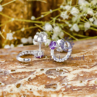 Round Cut Purple CZ Stone Half Moon Design Push Back Stud Earrings For Mother's Day Gift