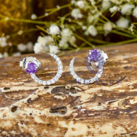 Round Cut Purple CZ Stone Half Moon Design Push Back Stud Earrings For Mother's Day Gift