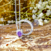 Purple And White Round CZ Stone Half Moon Style Dainty Pendant For Birthday Gift