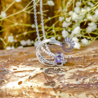 Purple And White Round CZ Stone Half Moon Style Dainty Pendant For Birthday Gift