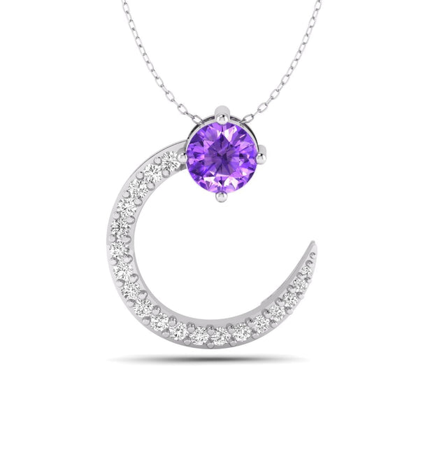 Purple And White Round CZ Stone Half Moon Style Dainty Pendant For Birthday Gift